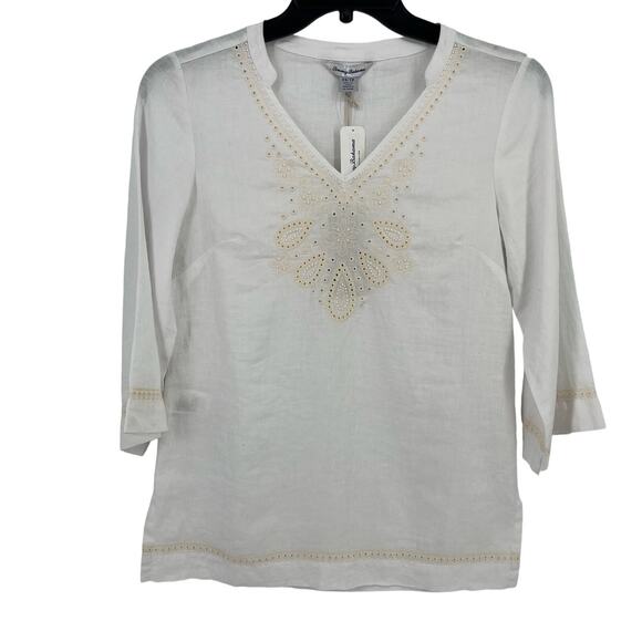 Tommy Bahama Au Natural Beaded Linen Tunic Shirt Womens Size XS White - Picture 1 of 6